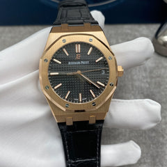 Audemars Piguet Royal Oak Selfwinding Leather Strap Rose Gold Black Dial 41mm 15500OR