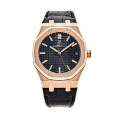 Audemars Piguet Royal Oak Selfwinding Leather Strap Rose Gold Black Dial 41mm 15500OR